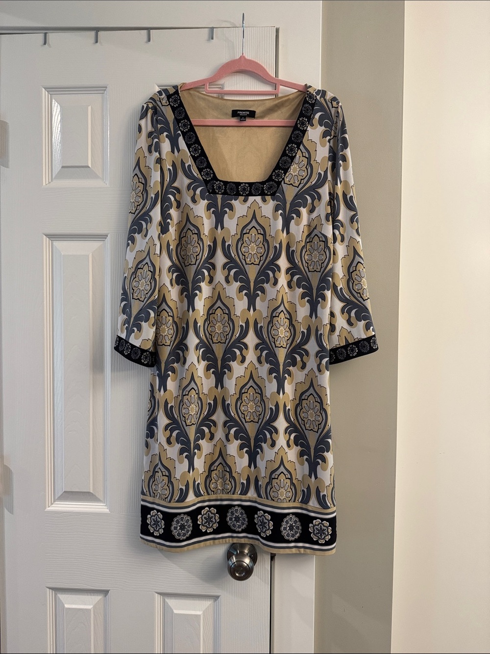 PREMISE Dresses Satin-Look Shift in Beige and Gray with Black Floral Trim